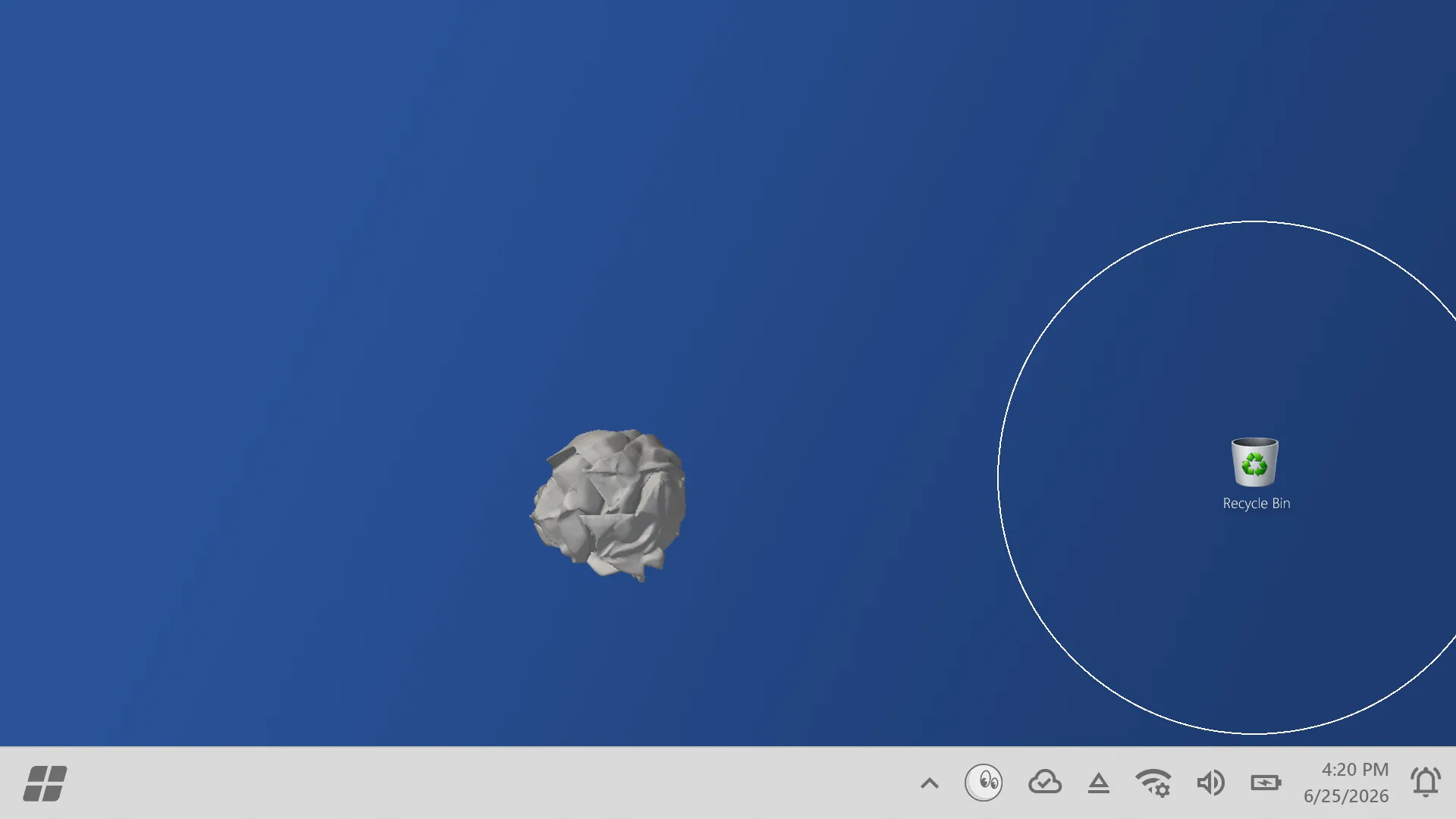 A crumpled paper ball near the Recycle Bin, ringed by a three-point line