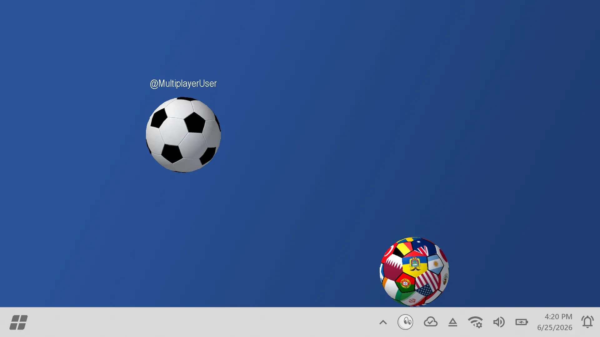 Two soccer balls on a desktop, one labeled @MultiplayerUser, in Visit mode multiplayer